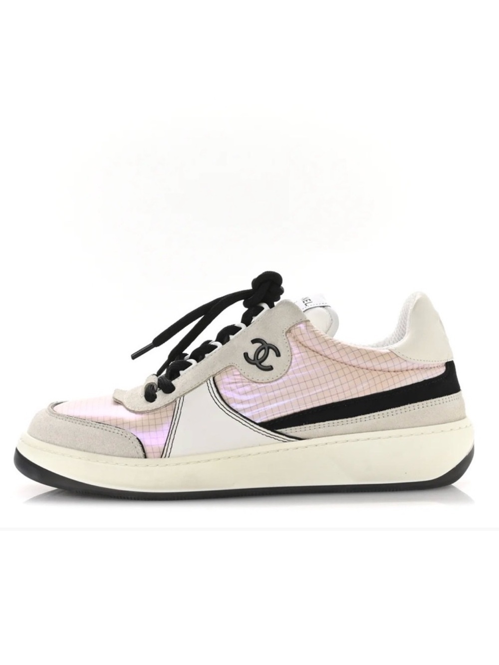 CHANEL CC Suede & Calfskin Sneakers,Size 38.5 (Fits US 8.5/EU 39)Pink/Grey/White